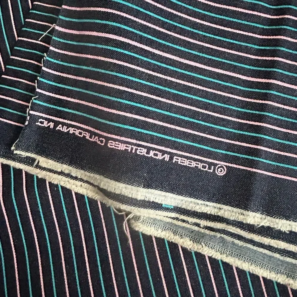 Vintage Y2K Dark Denim Pink Turquoise Striped Fabric 2.5 yards